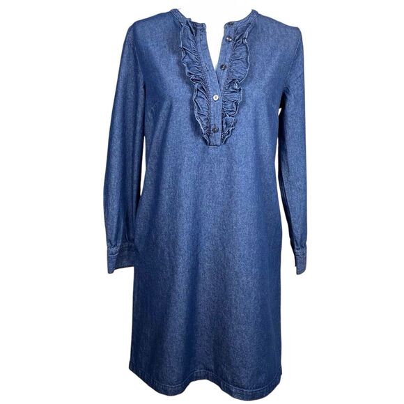 DRAPER JAMES Chambray Ruffle Shift Dress Size 4 Blue Denim Dark Wash - Picture 1 of 16